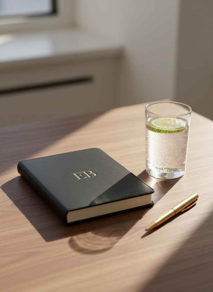 A sleek, matte-black leather journal embossed with a subtle gold monogram “EB” rests on a finely grained walnut desk, symbolizing a sophisticated personal brand. Beside it, a slim gold fountain pen lies parallel to the journal’s edge, and a minimalist glass of sparkling water catches the light. Soft morning sunlight filters through an unseen window, creating a gentle diagonal highlight across the journal and delicate shadows from the pen. Photographed at eye level with a shallow depth of field, the background fades into a creamy blur of neutral tones. The mood is intentional, calm, and aspirational, with photographic realism and a clean, modern aesthetic that reflects wealth, ownership, and conscious planning.