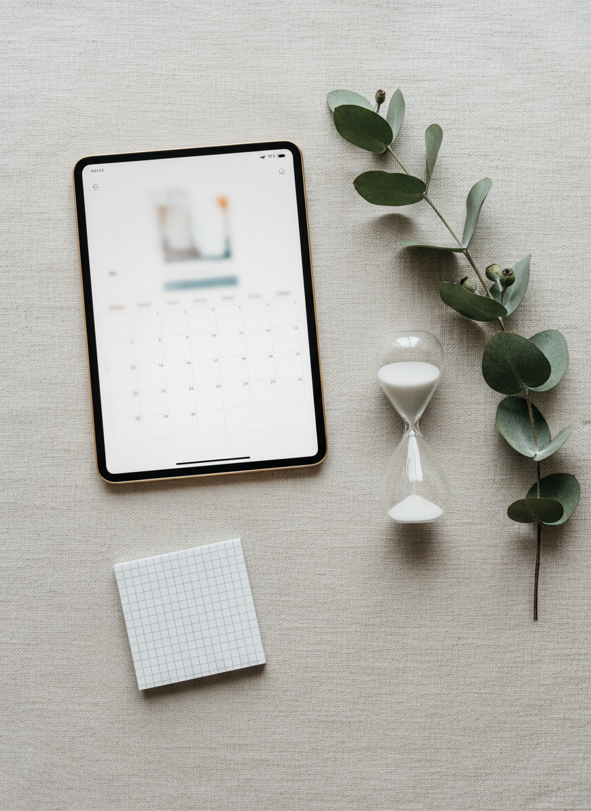An overhead photographic composition of a weekly planning ritual arranged on a light, textured linen cloth: a minimalist brass-framed tablet displaying a blurred calendar, a slender sand timer mid-flow, a stack of pale gray sticky notes, and a single sprig of eucalyptus laid diagonally across the scene. Soft overcast window light from above-right creates gentle, shadowless illumination, accentuating the textures of linen, glass, and metal. The items are carefully placed using the rule of thirds, leaving negative space for visual breathing room. The mood is focused and contemplative, suggesting structured progress toward wealth and freedom within a clean, modern, sophisticated aesthetic.