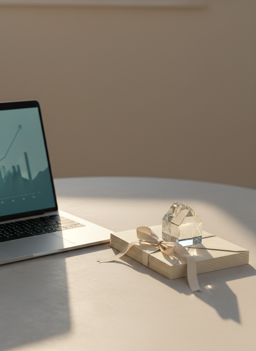 An elegant still life of a meticulously organized financial planning scene: a thin, silver laptop partially open displaying a blurred chart, a stack of cream-colored envelopes tied with a silk ribbon, and a crystal paperweight shaped like a small house, all arranged on a pale stone tabletop. Afternoon golden-hour light streams in from the left, casting refined, elongated shadows and subtle reflections on the crystal. A muted beige wall forms a soft, unfocused background. Captured from a slightly elevated angle with balanced composition, the image has photographic realism and a sophisticated, minimalist style, evoking control, ownership, and thoughtful wealth-building without clutter or distraction.