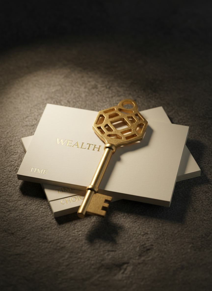 A symbolic representation of wealth and ownership: a close-up of a heavy, brushed-gold key with an intricate, geometric bow resting on a stack of smooth ivory index cards, each subtly embossed with single words like “Wealth,” “Time,” and “Choice” in faint gold foil. The stack sits on a dark charcoal stone surface that adds contrast and weight. A focused beam of warm spotlight from the upper left highlights the key and the top card, leaving the edges to fade into soft shadow. Captured with a shallow depth of field and tight framing, the photographic realism and dramatic yet understated lighting create a powerful, sophisticated, aspirational mood.