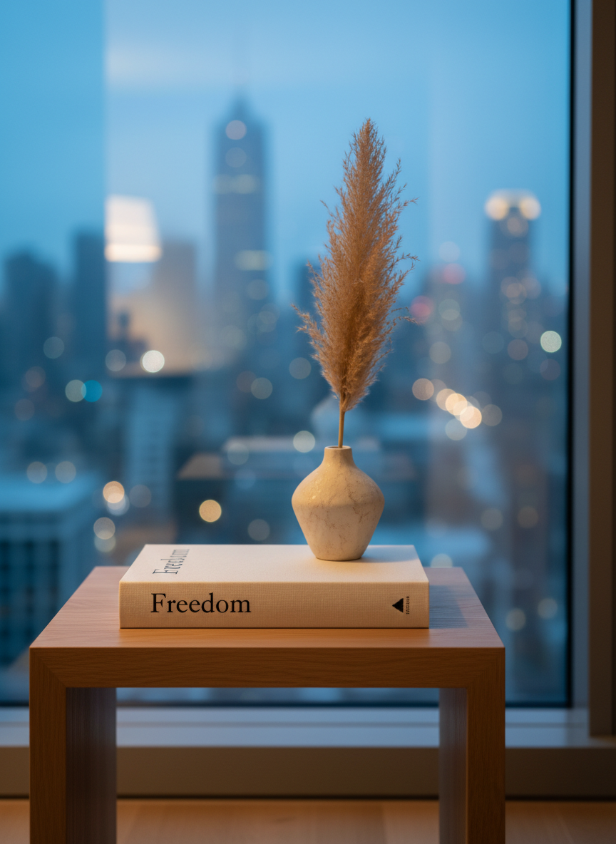 A refined corner of a living space curated for intentional living: a low, natural oak side table holds a single, thick linen-bound book titled “Freedom” in delicate serif lettering, next to a small, sculptural off-white ceramic vase with one dried pampas stem. Behind, a floor-to-ceiling window reveals a softly blurred city skyline at dusk. The room is bathed in diffused twilight blue and warm interior lamp light, creating a balanced, serene glow. Shot at eye level with a shallow depth of field, the table and objects are in crisp focus while the city becomes dreamy bokeh. The photographic realism and understated luxury convey calm, aspiration, and deliberate simplicity.